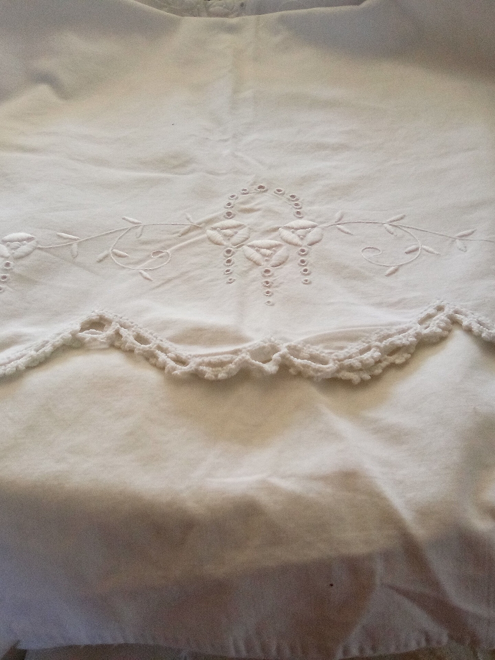 White Embroidered Cotton Pillowcases  Crochet Trim